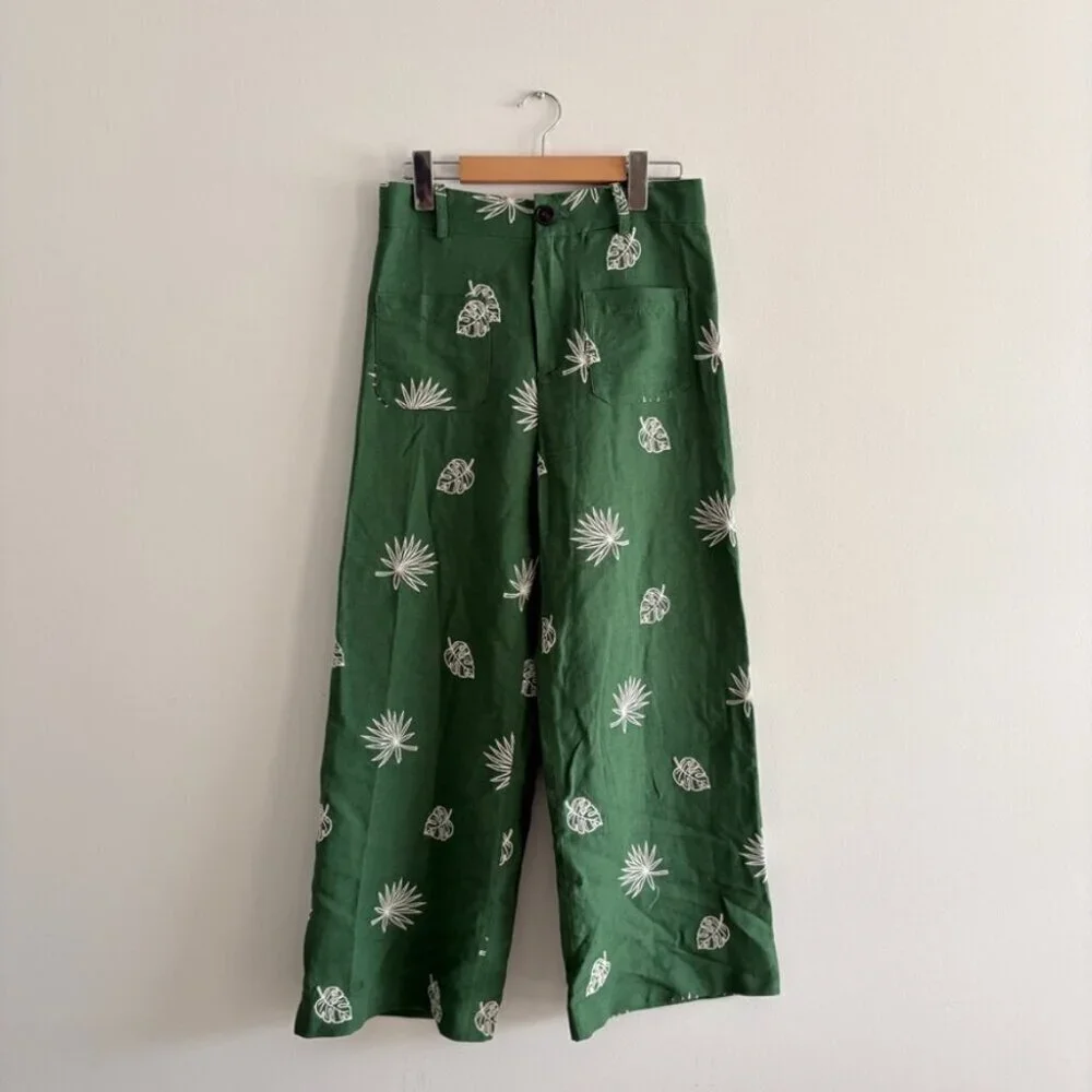Zara Linen Khaki Wide Leg Palm Leaf Embroidered Culottes Pants Green Size Small